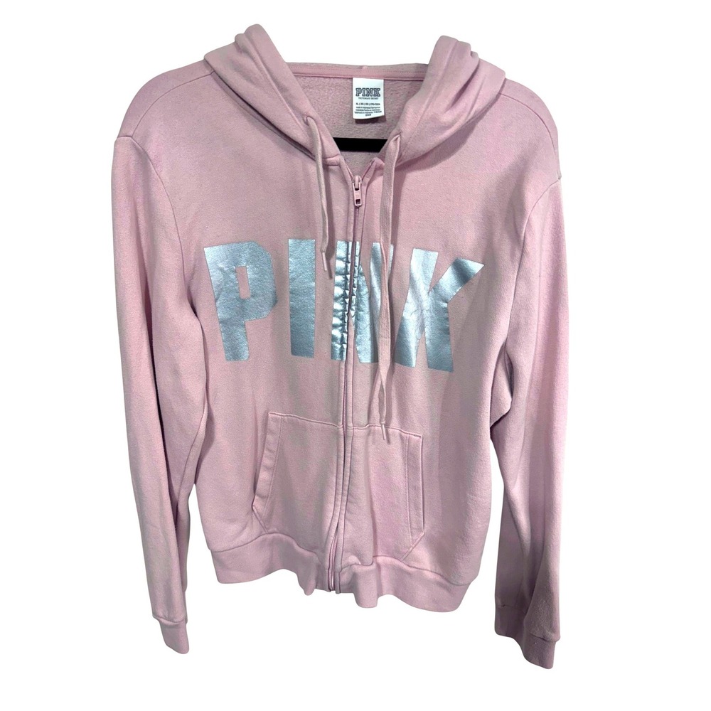 Victoria's Secret PINK‎ XL Gray Pink Hoodie Women Full Zip Silver Logo Fleece